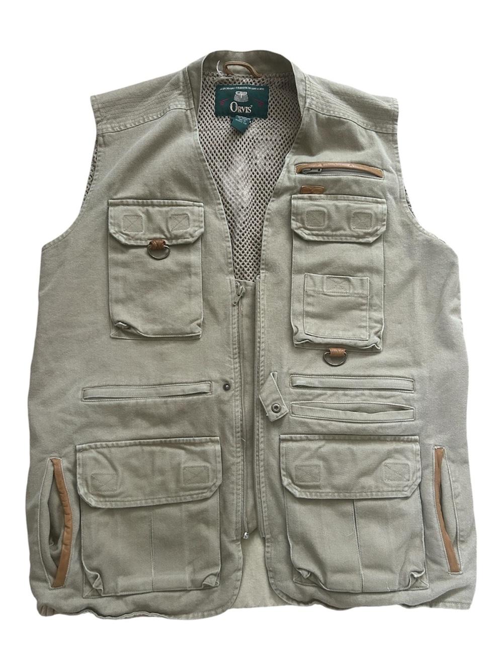 Vintage 90s Orvis Fly Fishing Vest Mens M Leather Trim Game Pocket